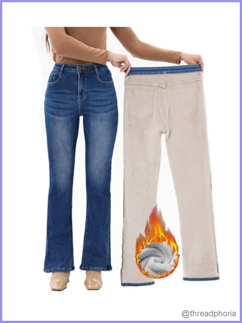 Women's Fleece Lined Bootcut Jeans Thermal High Rise Denim Pants Winter